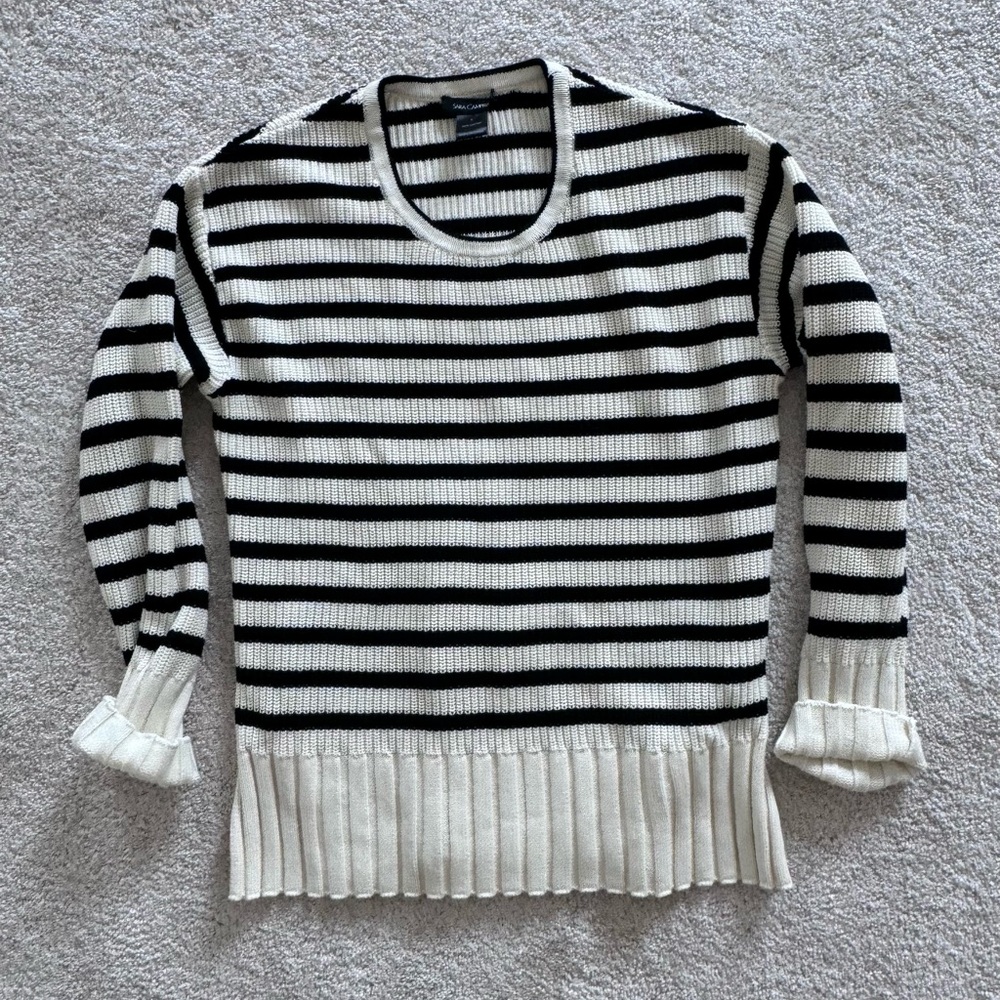 Sarah  Campbell black and white striped sweater